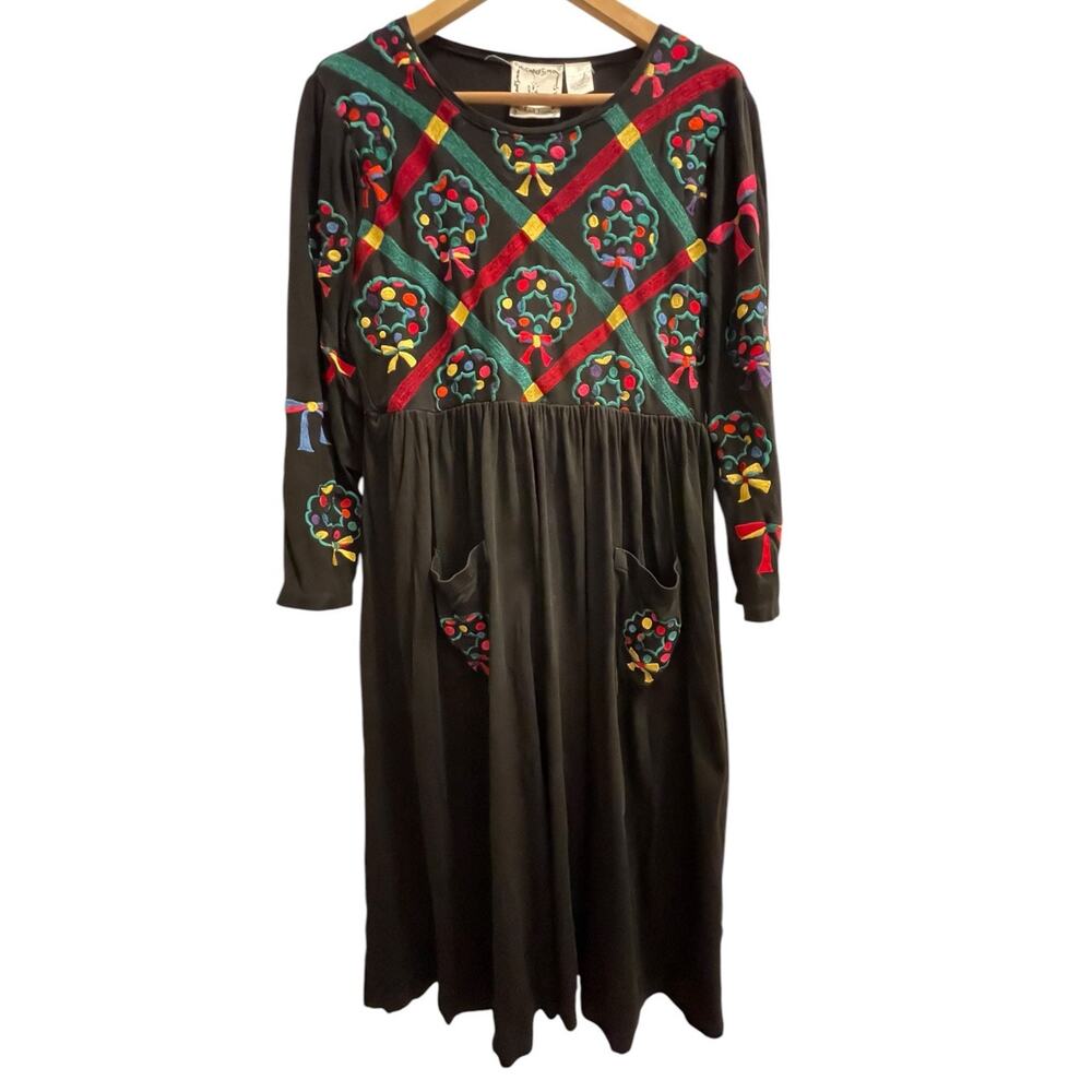 Michael Simon Christmas Dress S Black Midi‎ Holiday Festive Embroidered Pockets